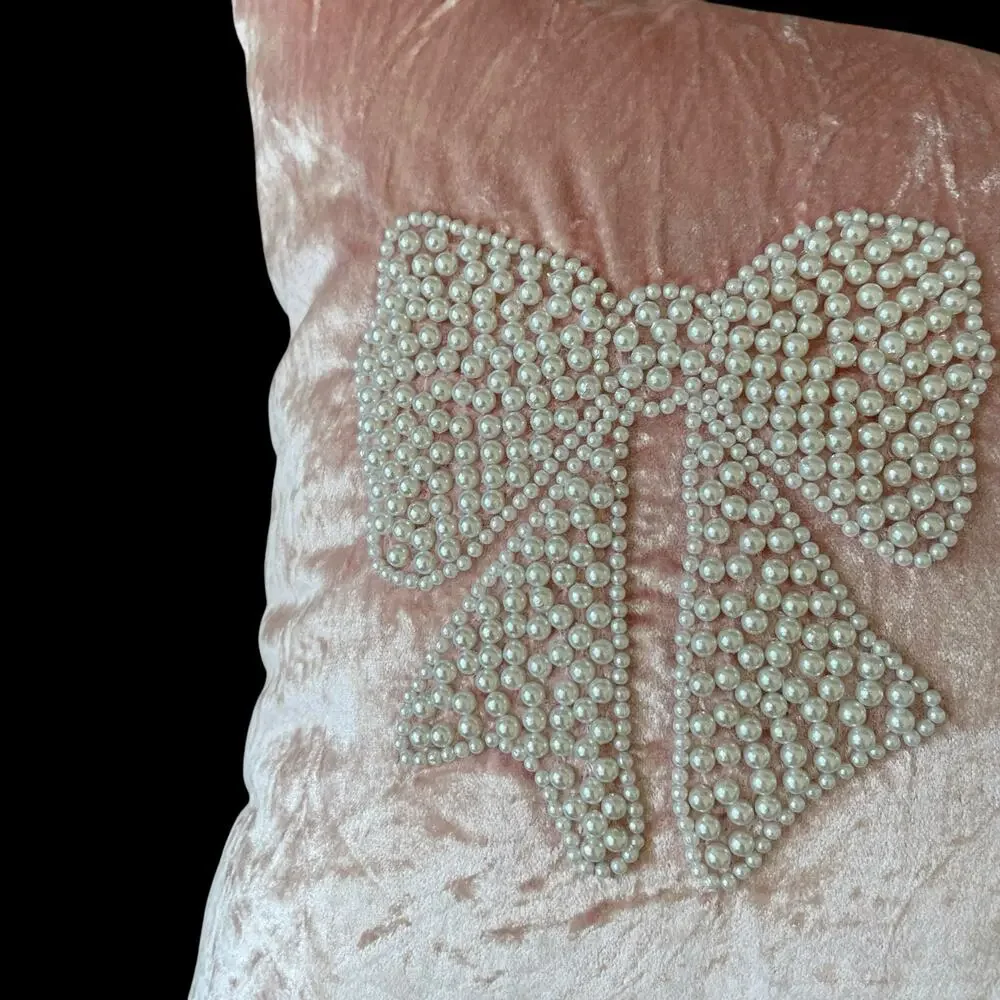 Magaschoni Beaded Faux Pearl Bows on Pink Velvet Decorative Pillow 14x20 New